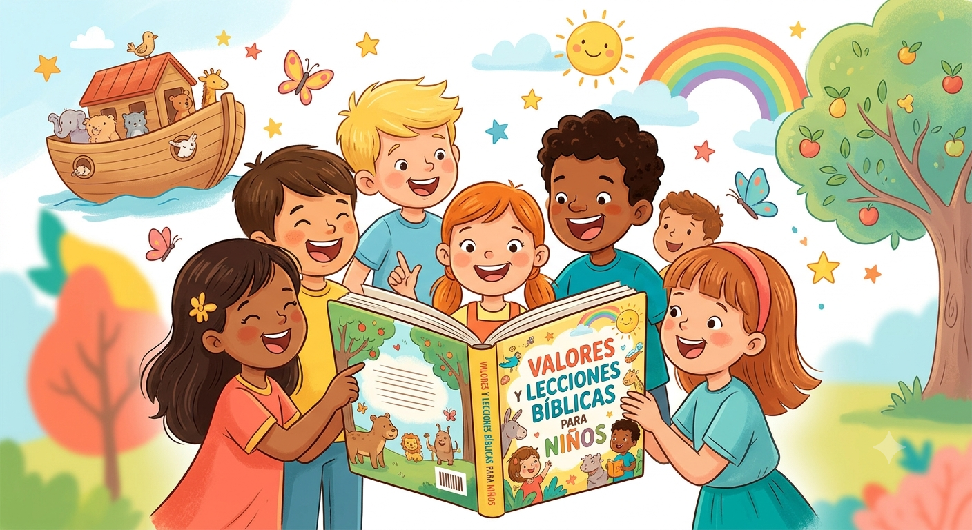 Valores y Lecciones Bíblicas para Niños — ilustración de niños alegres leyendo la Biblia